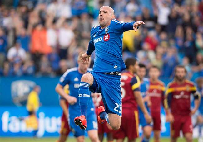 Montreal Impact's Laurent Ciman celebrates after scoring against Real Salt Lake during first half MLS soccer action in Montreal, Saturday, May 16, 2015. Ciman of the Montreal Impact is Major League Soccer's defender of the year.