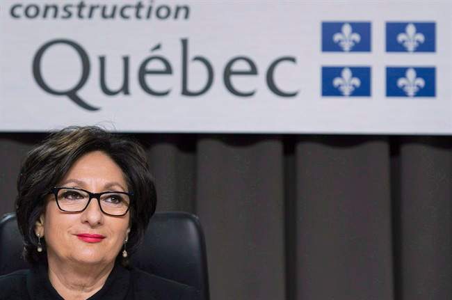 Justice France Charbonneau delivers her closing remarks in Montreal, Friday, November 14, 2014, as she sits on the final day of the Charbonneau Commission, a Quebec inquiry looking into allegations of corruption in the province's construction industry.