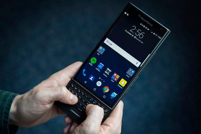 The Blackberry Priv, which runs the Android operating system, is shown in Toronto, Friday, Oct. 30, 2106.