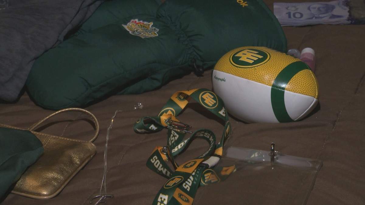 In addition to her warm essentials, Miller never forgets a lanyard to collect Grey Cup pins, a mini Eskimos football to gift to a fellow super fan that she’ll undoubtedly friend, and a stack of cash to buy drink tokens at the Spirit of Edmonton room.