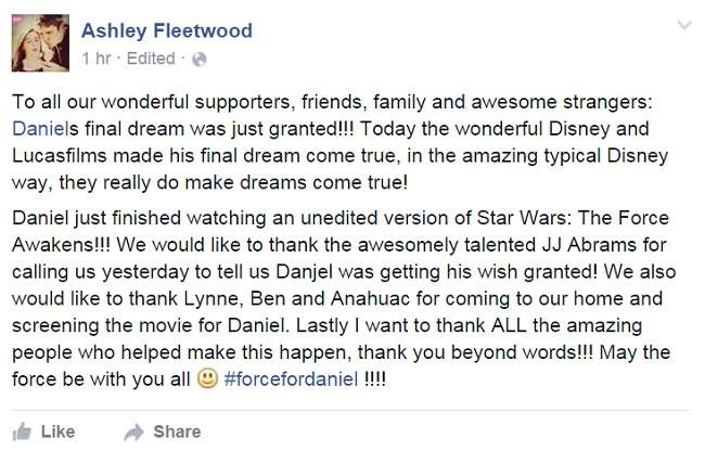 Ashley Fleetwood's Facebook post with the good news.