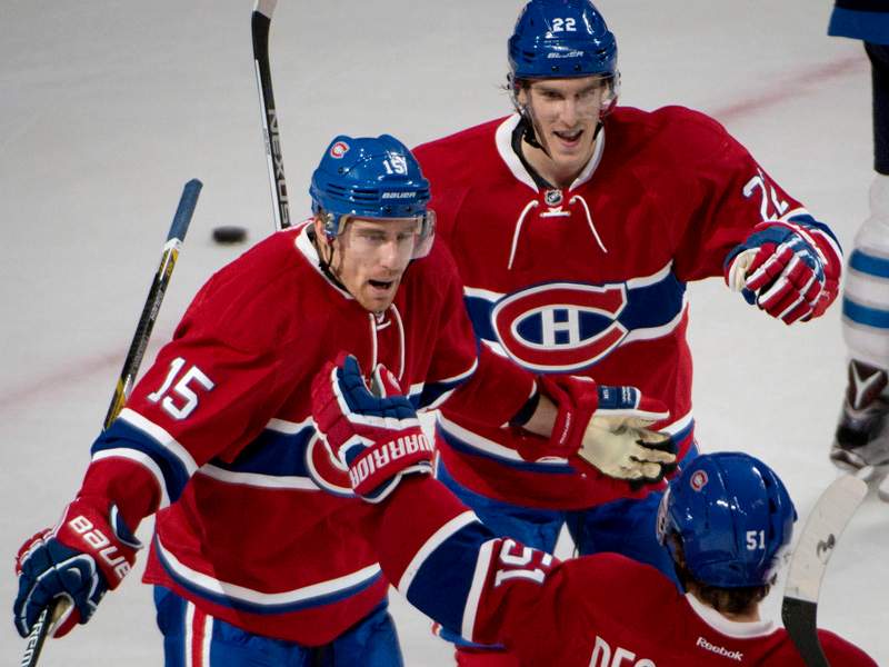 Montreal Canadiens' Tomas Fleischmann (15) celebrates his first period goal against the Winnipeg Jets during NHL action Sunday November 1, 2015 in Montreal. 