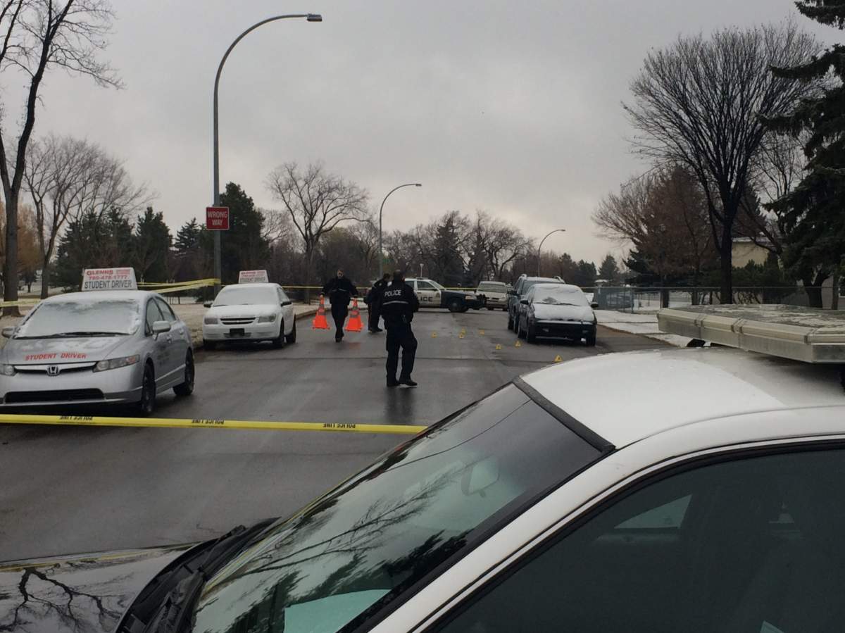 Police at the scene of a drive-by shooting in Edmonton's Glengarry neighbourhood. November 9, 2015.