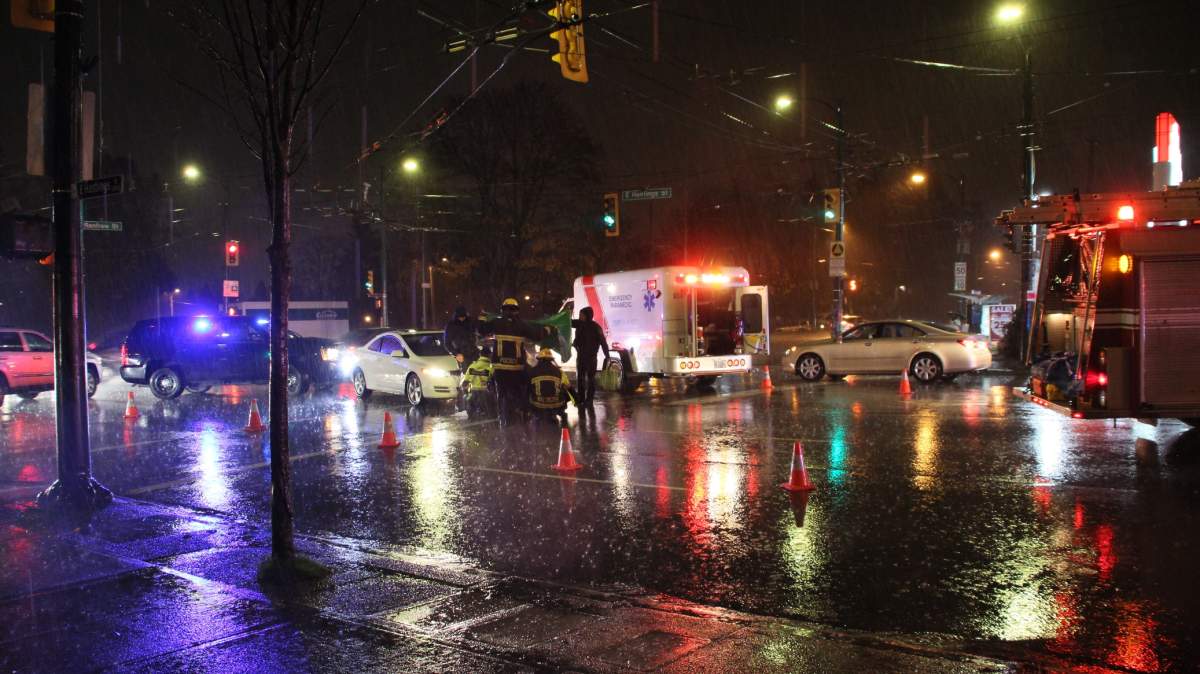 Vancouver Police investigate an accident at Hastings and Renfrew Street on November 12, 2015. 