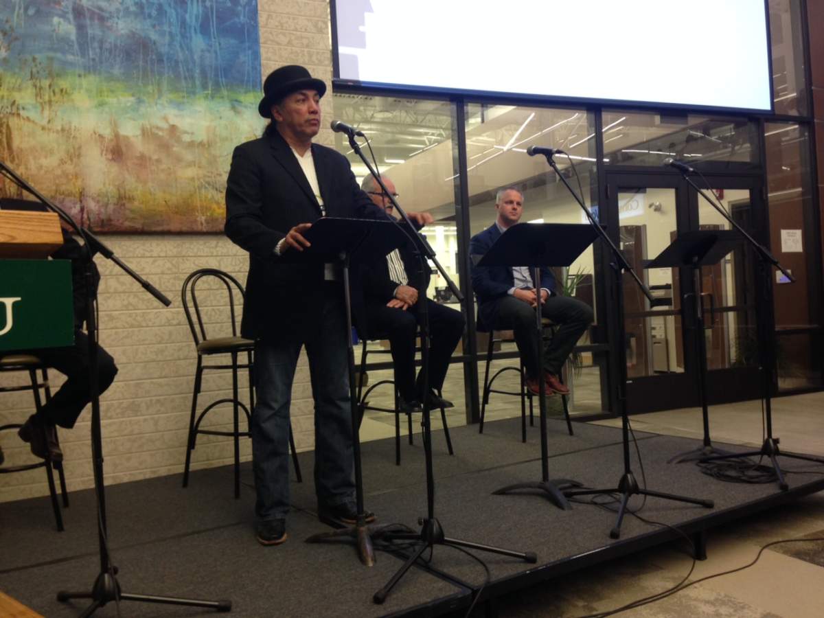 Long Plain First Nations Chief Dennis Meeches talks Kapyong Barracks at town hall meeting. Nov. 4 2015.