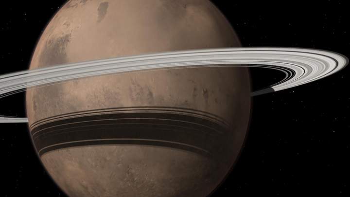 Mars could gain a ring in 10-20 million years when its moon Phobos is torn to shreds by tidal forces due to Mars' gravitational pull.