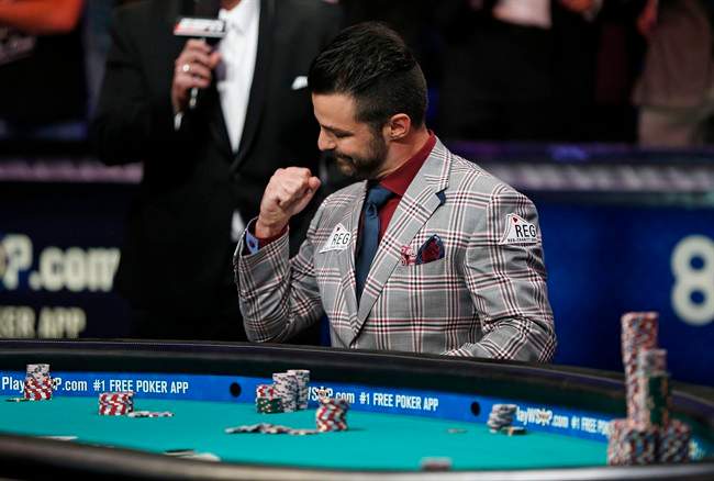 Max Steinberg reacts to his hand before knocking Tom Cannuli out of the World Series of Poker Monday, Nov. 9, 2015, in Las Vegas. Monday was the second of three days of marathon-length poker-playing before crowning a new champion and awarding more than $7 million to the winner. 