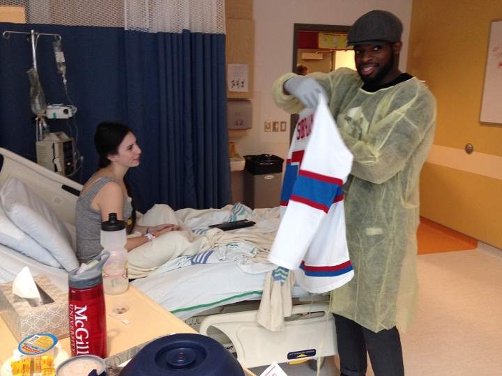 Subban presents Gagnon with a signed jersey during his hospital visit. Sunday, Nov. 29, 2015.
