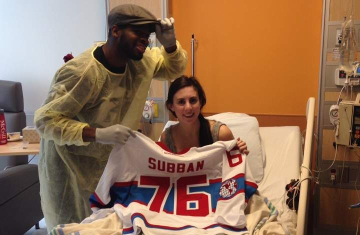 Dream comes true for Montreal Habs' fan, Chelsea Gagnon, after P.K. Subban drops by for a quick visit at the Montreal Chest Institute. Sunday, Nov. 29, 2015.