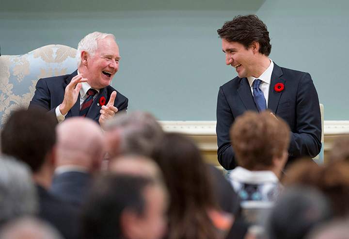 Governor General David Johnston shares a laugh with Prime Minister Justin Trudeau after he was sworn in as prime minister at Rideau Hall in Ottawa on Wednesday, Nov. 4, 2015.