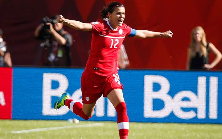 Canada's Christine Sinclair celebrates her game-winning stoppage-time penalty shot goal against China during FIFA Women's World Cup soccer action in Edmonton, Alta., Saturday, June 6, 2015.