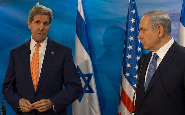 Israeli Prime Minister Benjamin Netanyahu meets with US Secretary of State John Kerry at Netanyahu's office in Jerusalem, Israel, 24 November 2015.  