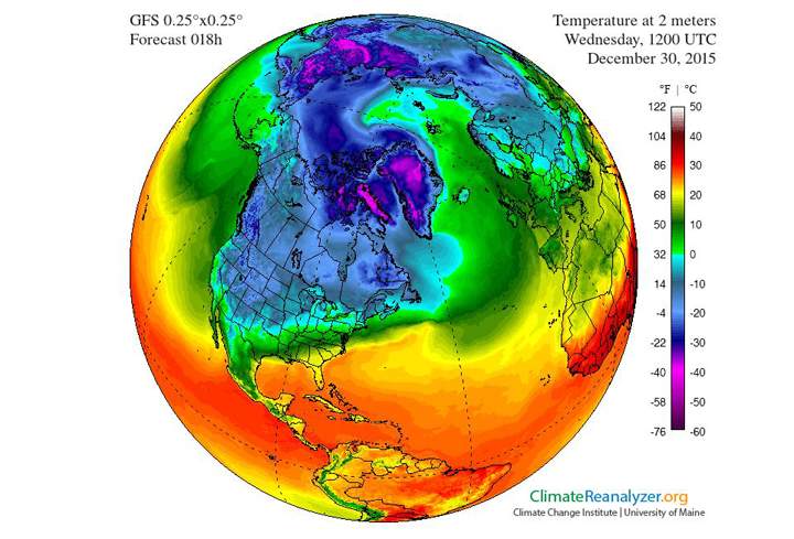 This climate model illustrates the unseasonably warm air over the Arctic on Dec. 30.
