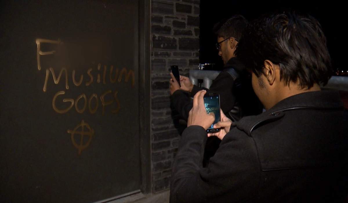 Calgary police are investigating after several graffiti messages with derogatory messages to Syrians and Muslims were sprayed around the city on December 3, 2015.