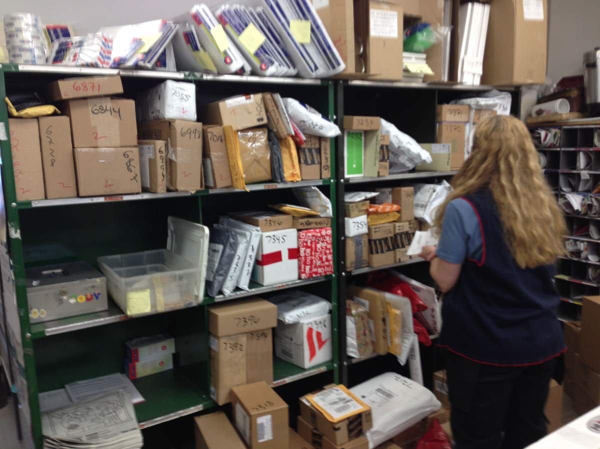 Postmaster Jody Green at Canada Post Evansburg takes a look at the parcels in the post office.