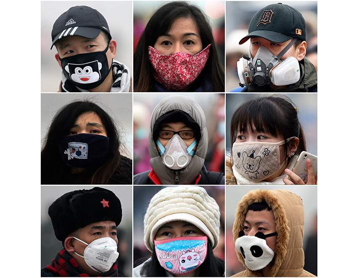 In this combination of photos from the first week of December 2015, men and women wear masks to protect from air pollutants in Beijing.