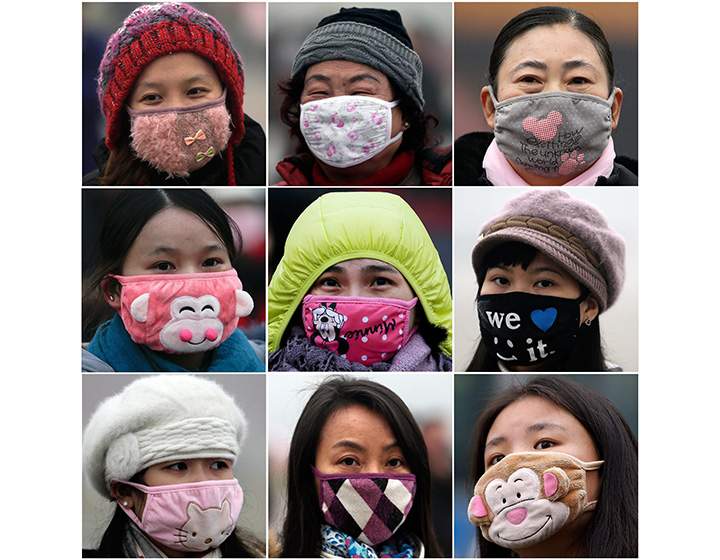 In this combination of photos from the first week of December 2015, women wear masks to protect from air pollutants in Beijing.