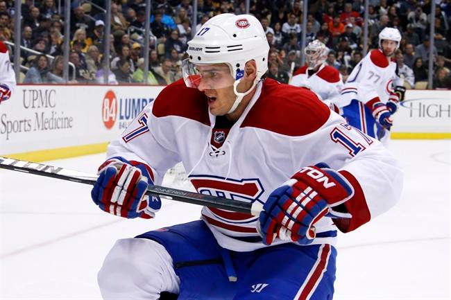 Montreal Canadiens center Torrey Mitchell (17) plays during an NHL hockey game against the Pittsburgh Penguins in Pittsburgh Tuesday, Oct. 13, 2015.