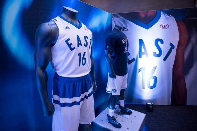 The uniforms for the 2015-2016 NBA All-Star Eastern team are unveiled in Toronto on Wednesday, December 2, 2015. THE CANADIAN PRESS/Darren Calabrese.