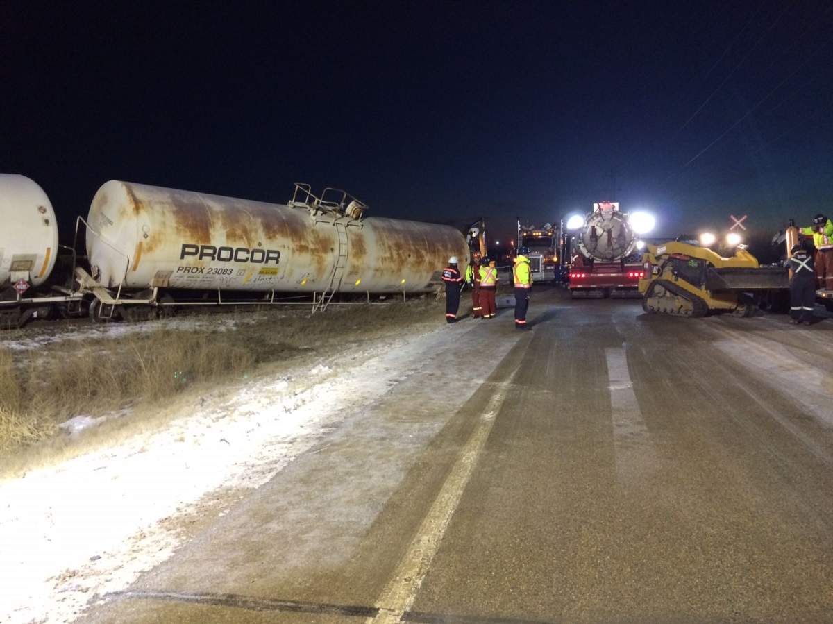 A CP train derailed in the Scotford Yard northeast of Edmonton, Wednesday, Dec. 9, 2015. 