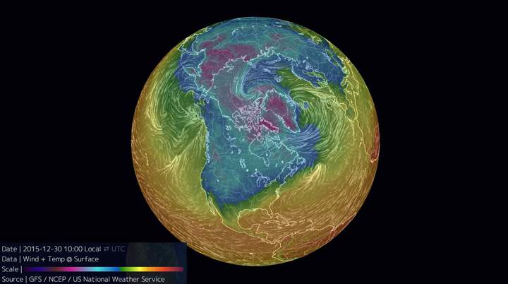 A map illustrating the temperature and winds over the northern hemisphere.