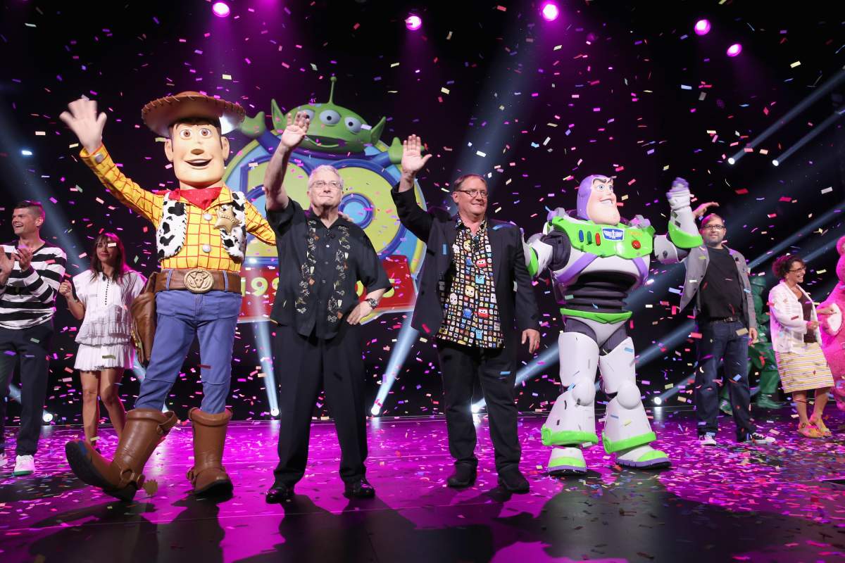 (L-R) Randy Newman and ‘Toy Story 4’ director John Lasseter taking part in ‘Pixar and Walt Disney Animation Studios: The Upcoming Films’ presentation at Disney’s D23 Expo 2015 in Anaheim, Calif.