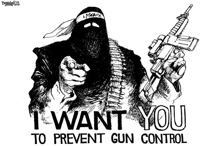 An editorial cartoon published in the New York Daily News on Dec. 4, 2015, two days after the San Bernardino shooting massacre.