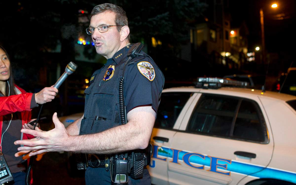 In this photo taken Monday night, Nov. 30, 2015, Juneau Police Chief Bryce Johnson speaks to reporters about the death of Mayor Stephen "Greg" Fisk in Juneau, Alaska. Fisk, the newly elected mayor of Alaska's capital city, was found dead in his home Monday. 