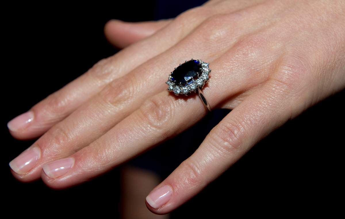 LONDON, ENGLAND – NOVEMBER 16: A close up of Kate Middleton’s engagement ring, which used to belong to Princess Diana.