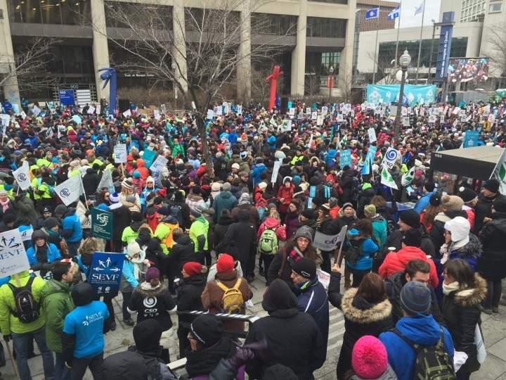 Public sector protesters gather in Quebec City, December 9, 2015.