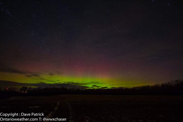 The sky is illuminated with reds and greens in this photo taken by Dave Patrick in Ipperwash Provincial Park, Ontario.