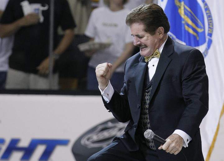 National anthem singer Rene Rancourt sings the Star Spangled Banner for the Boston Bruins.