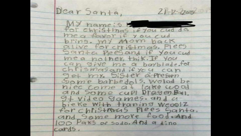 Second-grader writes letter to Santa for his mom to be brought back alive, more food - image