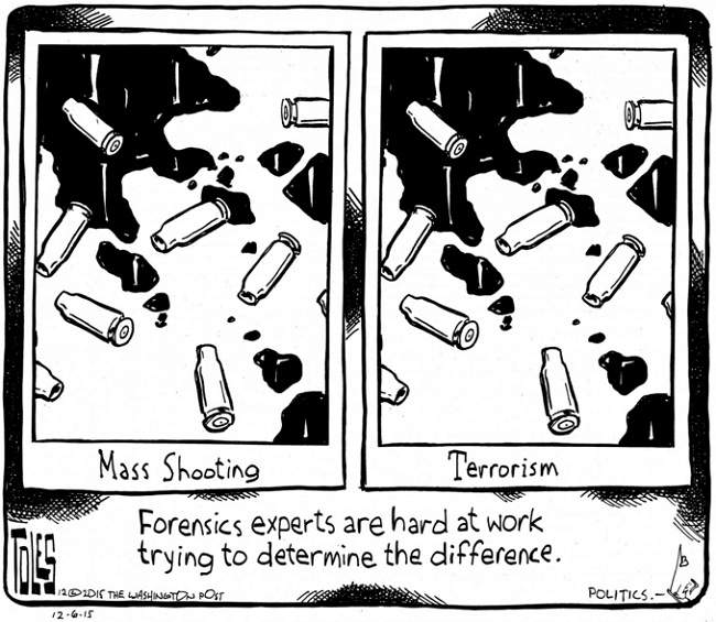 A take on the debate over when an act of violence becomes defined as an act of terror.
