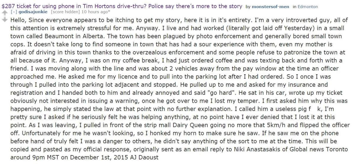 Alberta driver responds after getting $287 ticket for texting in Tim Hortons drive-thru - image
