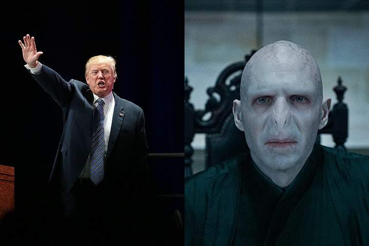 This combo photo shows Republican presidential candidate Donald Trump (L) and Harry Potter’s archenemy Lord Voldemort.