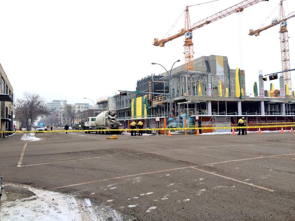 Police investigate a fatal pedestrian crash in downtown Edmonton, Jan. 22, 2016.