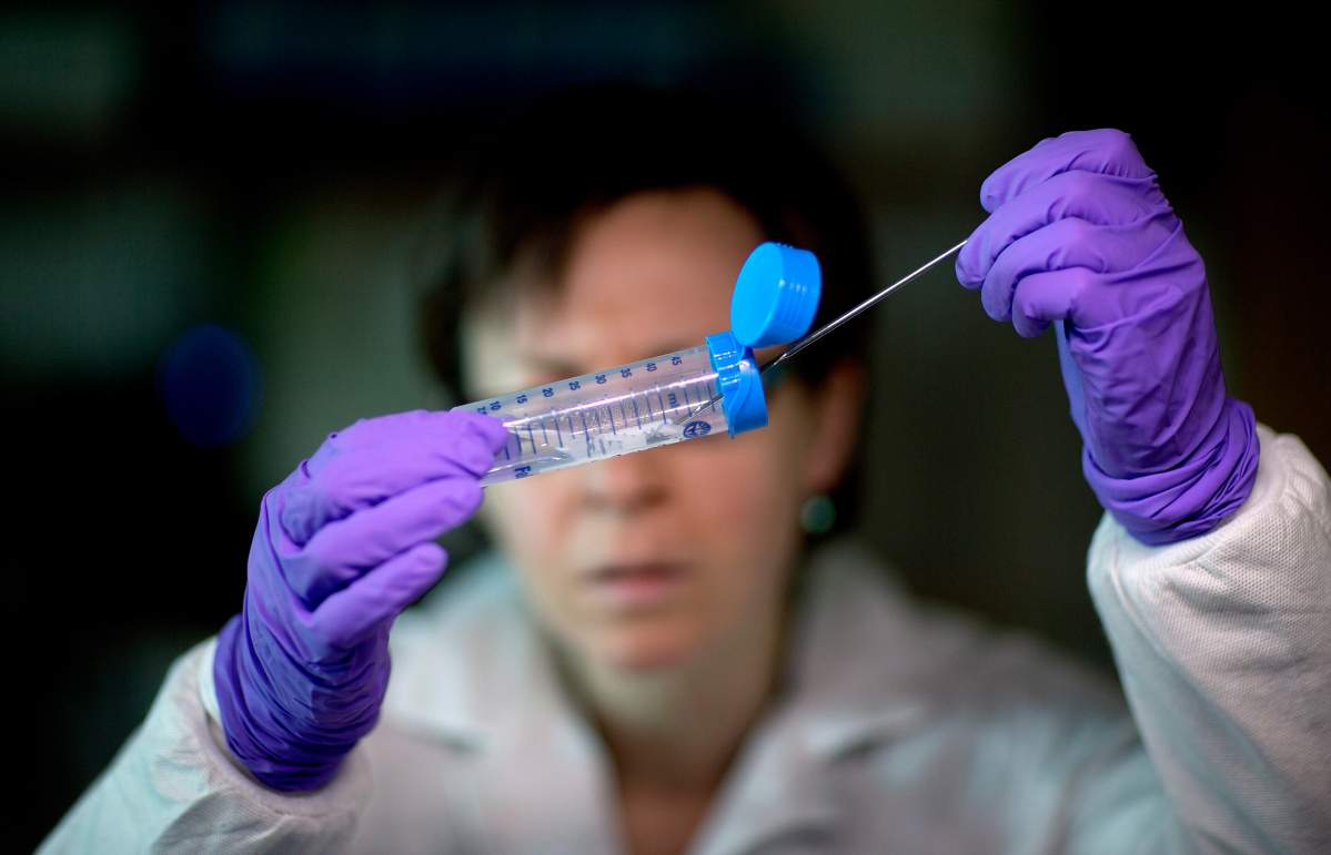 This photo taken Nov. 25, 2013 shows microbiologist Dr. Molly Freeman pulling Listeria bacteria from a tube to be tested for its DNA fingerprinting in a foodborne disease outbreak lab at the federal Centers for Disease Control and Prevention in Atlanta.
