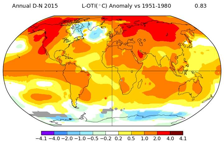 This map illustrates the global surface temperature anomalies for 2015.