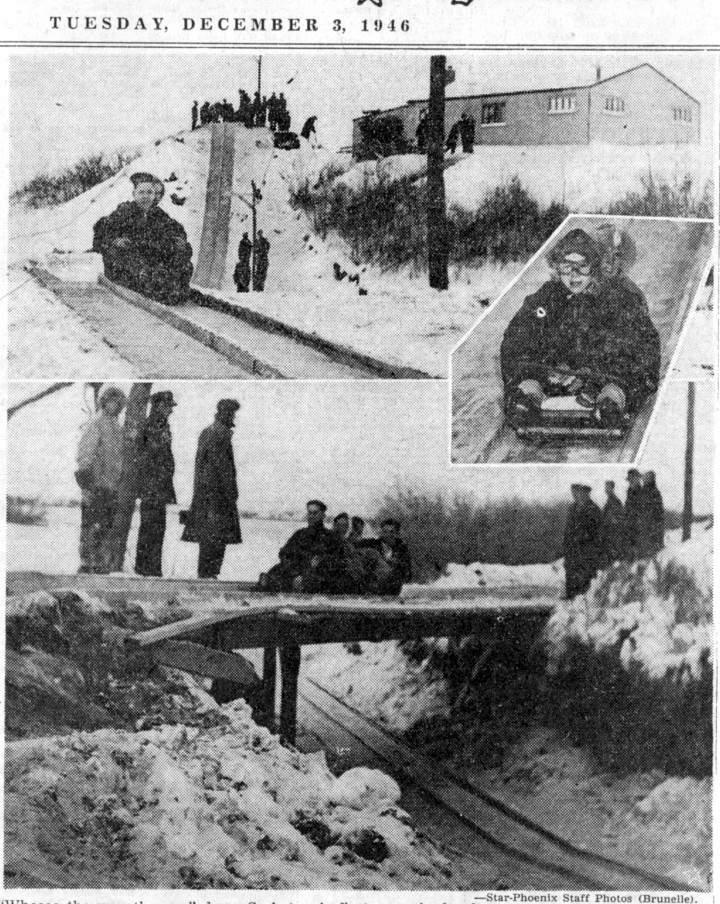 Images from 1946 of toboggan slides in Saskatoon.