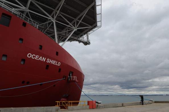 Australian navy vessel Ocean Shield is pictured berthed at Fleet Base West near Perth as it replenishes its supplies and conducts routine maintenance and software modifications to Phoenix Autonomous Underwater Vehicle Artemis Bluefin-21, on May 5, 2014 before returning to the search area for missing Malaysia Airlines flight MH370. 