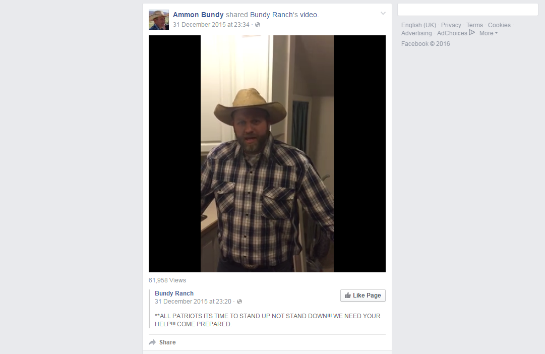 Screengrab of Ammon Bundy’s video calling “all patriots” to come to Harney county.