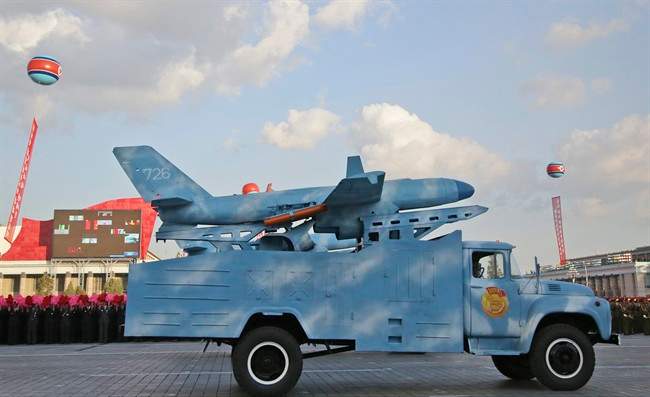 In this Oct. 10, 2015, file photo, a drone is paraded in Pyongyang, North Korea.