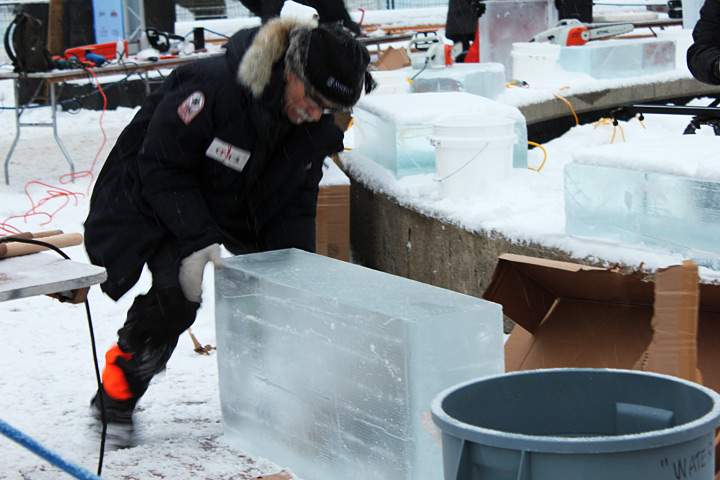 Kenny Hayden gets out an ice block