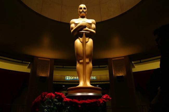 This file photo shows an Oscar statue as preparations are made for the 87th Academy Awards in Los Angeles. 