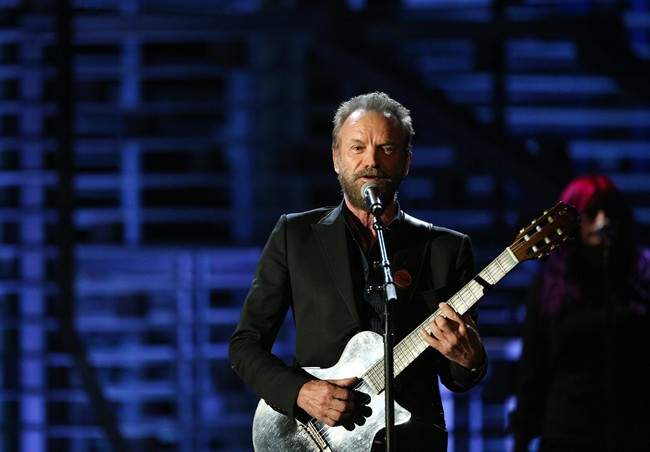 FILE - In this Nov. 18, 2015 file photo, Sting performs at Shining a Light: A Concert for Progress on Race in America at the Shrine Auditorium in Los Angeles. Sting is trading "Fields of Gold" for a court of stars. The Grammy-winning artist known for hits like "Roxanne" and "Desert Rose" will perform the halftime show at the NBA All-Star Game on Feb. 14, 2016, at the Air Canada Centre in Toronto. (Photo by Rich Fury/Invision/AP, File).