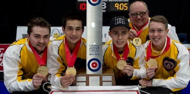 The Granite Curling Club's Matt Dunstone and his team pose after beating Northern Ontario in the Canadian Junior Men's Curling Championship final. 