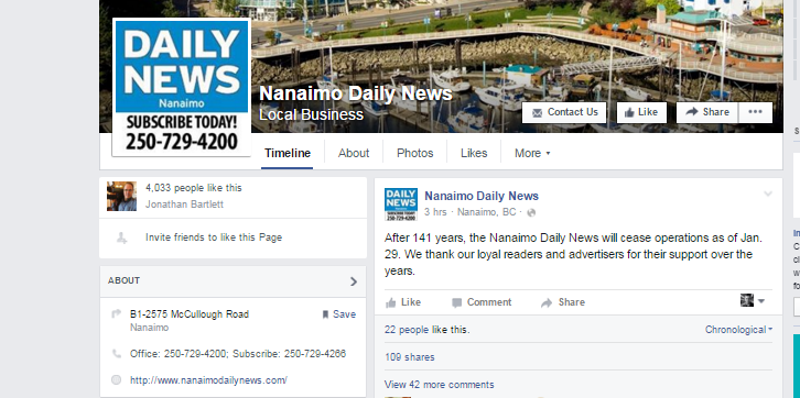 Long-running Nanaimo newspaper, in business since 1874, to shut down today - image