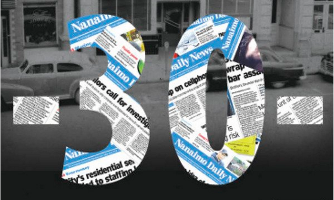 The front page of the Nanaimo Daily News, which published its final edition on January 29. 2016. Traditionally, newspaper writers have written -30- to signify the end of their story. 
