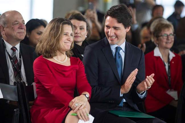 Prime Minister Justin Trudeau sits next to Foreign Affairs Minister Chrystia Freeland, who has taken a key role in the NAFTA renegotiation. The newly agreed upon TPP trade deal could make those negotiations more difficult, new analysis by the federal government has determined.